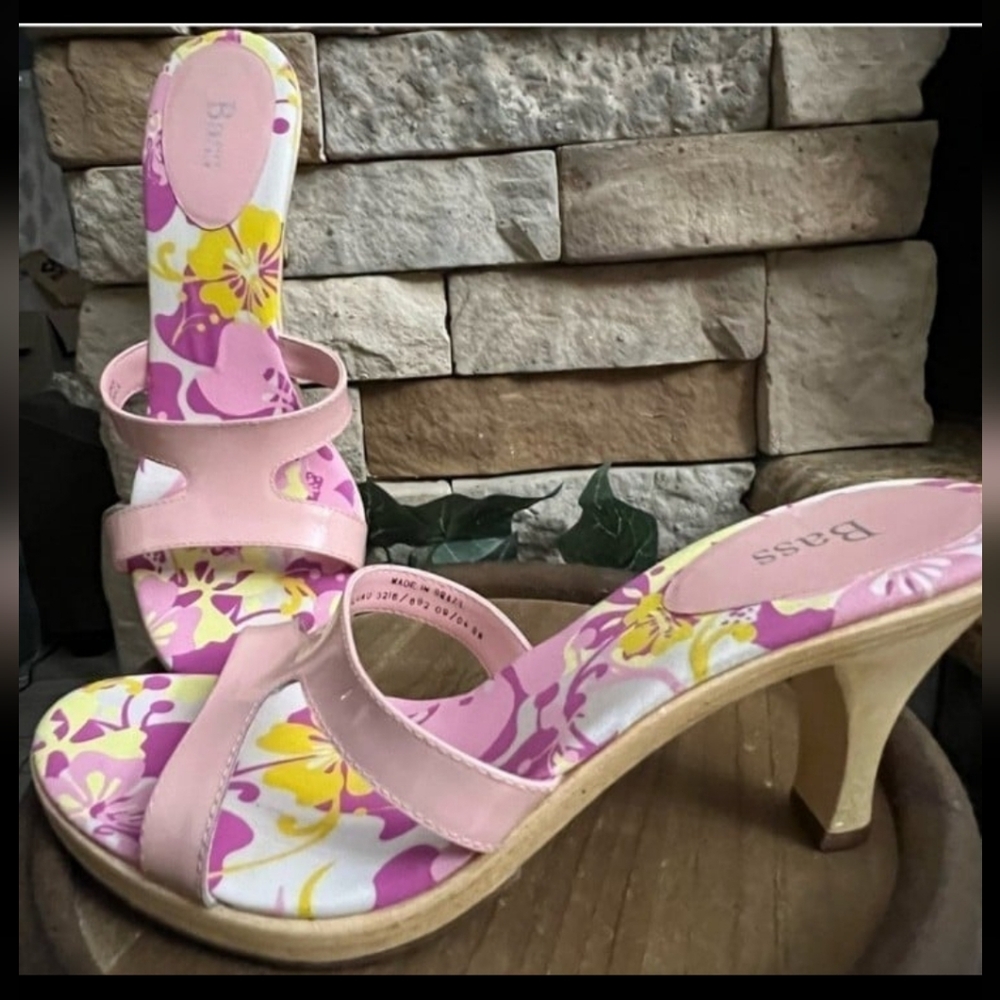 Bass women's sandals clogs pink floral leather wood heels Luau size 11
